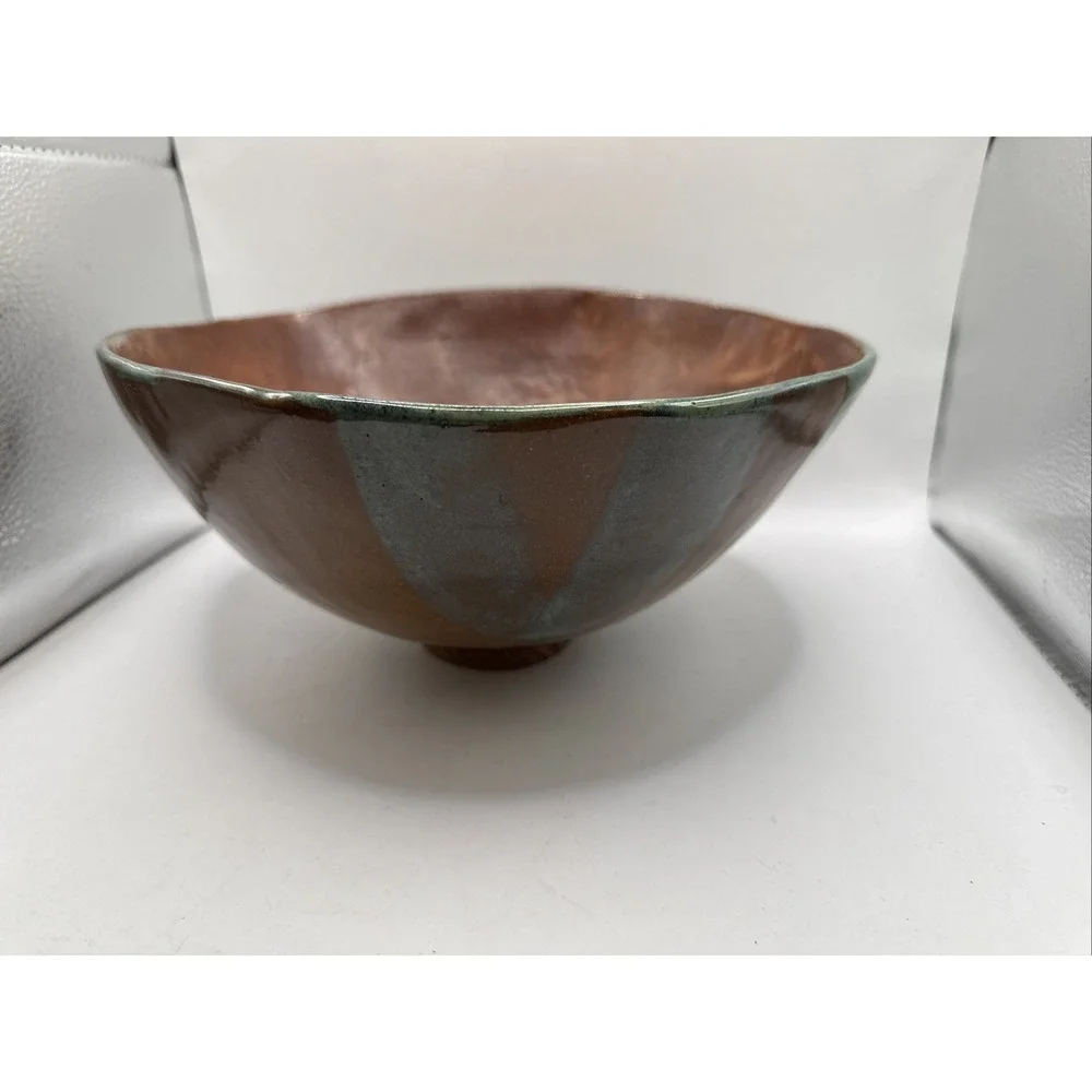 Hand Made Pottery Bowl, Artist Signed JS Blue Green Color Embossed 9.5